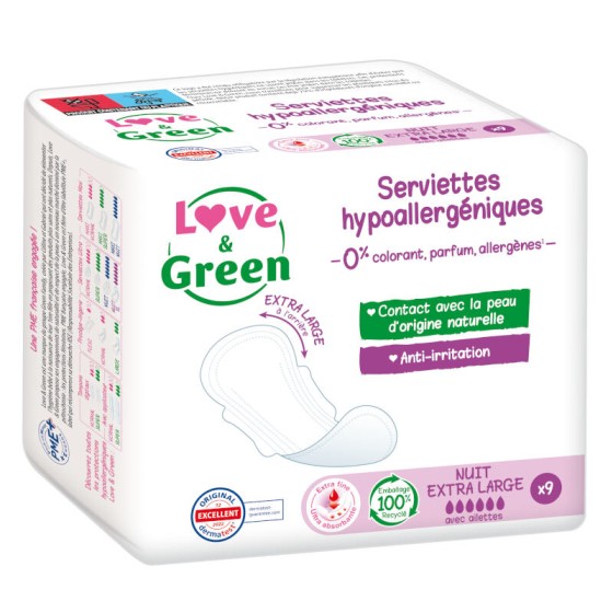 Serviettes hygièniques hypoallergéniques - Nuit Extra large - 9 pièces Serviettes hygièniques hypoallergéniques - Nuit Extra large - 9 pièces