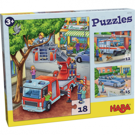Puzzles Police, pompiers et ambulance - lot de 3 puzzles - à partir de 3 ans