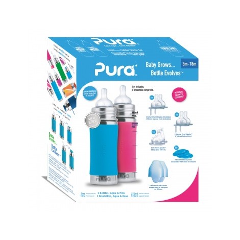 Kit 2 biberons évolutifs inox 325 ml - rose / turquoise