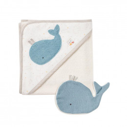 Cape de bain et gant de toilette en coton Bio - Baleine