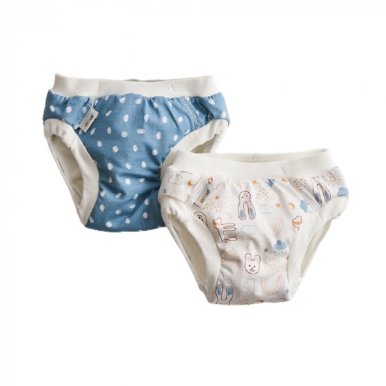 2 culottes d'apprentissage en coton bio - Pois bleus et Teddy 2 culottes d'apprentissage en coton bio - Pois bleus et Teddy