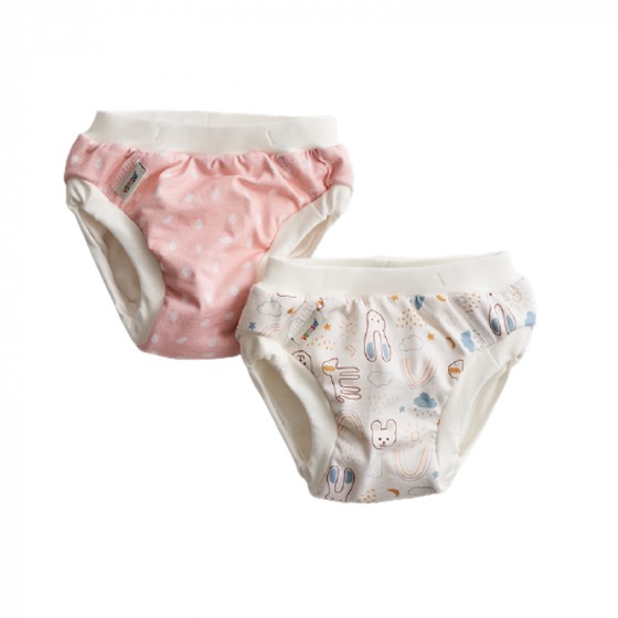 2 culottes d'apprentissage en coton bio - Pois roses et Teddy