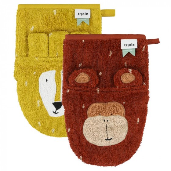 Lot de 2 gants de toilette - Mr. Lion & Mr. Monkey Lot de 2 gants de toilette - Mr. Lion & Mr. Monkey