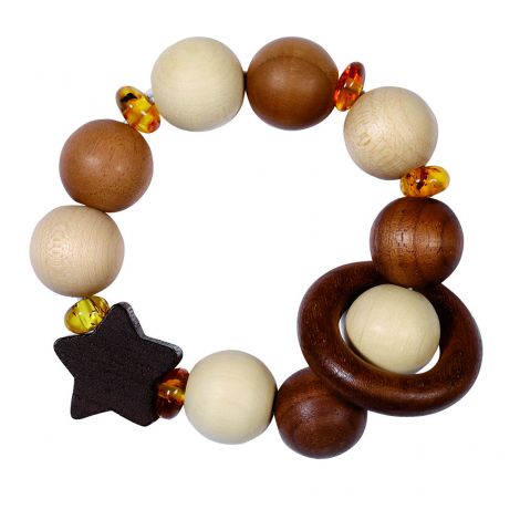 Hochet en bois "étoile" avec perles d'ambre et élastique - à partir de 3 mois